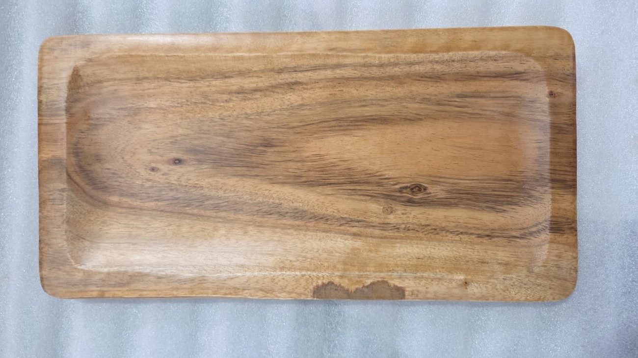 Rectangular solid wood serving tray with a raised rim and natural grain, made by RestroCart for restaurant service