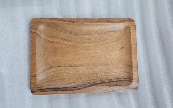 Rectangular acacia wood serving tray with natural grain, top view on white, custom made by RestroCart, New Delhi