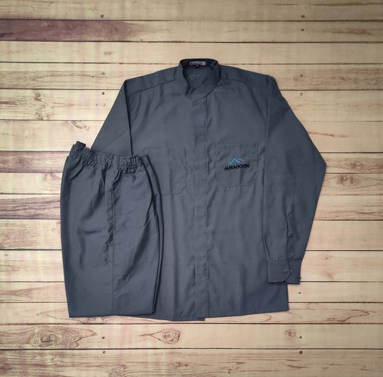Steel grey mandarin collar shirt with blue mountain logo and matching elastic waist trousers, custom made by RestroCart, New Delhi