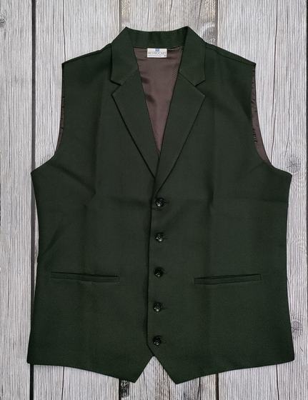 Bottle green notch lapel waistcoat with brown lining and five buttons, laid flat, custom made by RestroCart, New Delhi