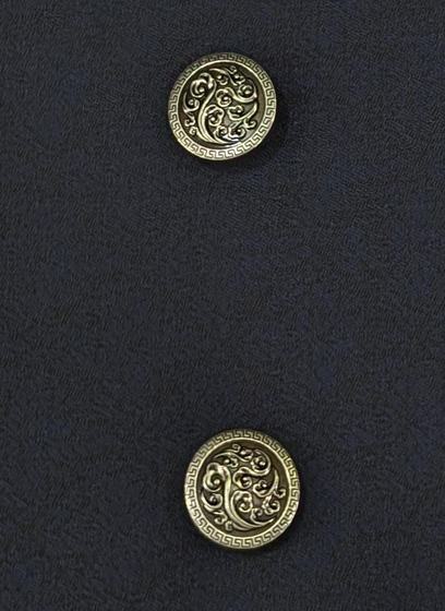 Close-up of navy waistcoat fabric with ornate antique brass buttons, detail view, custom made by RestroCart, New Delhi