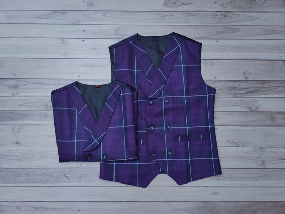 Purple checked double breasted waistcoats, front and back laid on grey wood, custom made by RestroCart, New Delhi