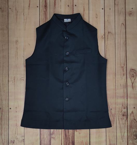 Black Nehru collar waistcoat with six buttons and chest pocket, laid flat, custom made by RestroCart, New Delhi