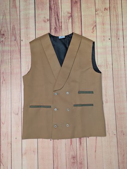 Tan double-breasted shawl-collar waistcoat with olive pocket trims and dark lining, custom made by RestroCart, New Delhi