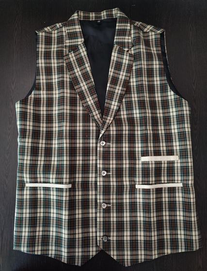 Front view of a brown and cream checked waistcoat with notch lapel and white pocket trims, on hanger, custom made by RestroCart, New Delhi