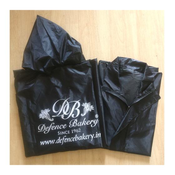 Two black hooded raincoats with large white printed logo and web address on back, folded, custom made by RestroCart, New Delhi