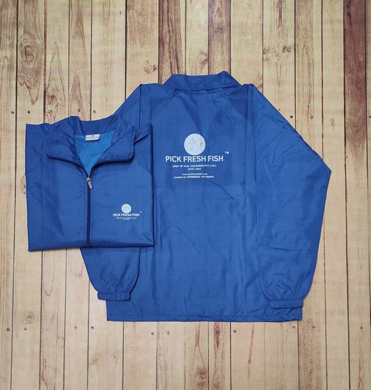 Royal blue windcheaters with white printed fish logo on back and chest, custom made by RestroCart, New Delhi