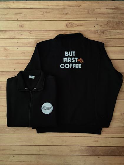 Black zip jackets with white printed slogan on the back and round chest patch logo, custom made by RestroCart, New Delhi