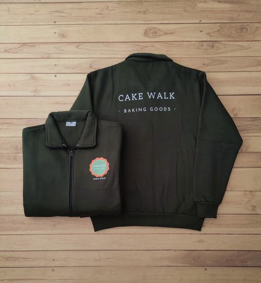 Olive green zip sweat jackets with white printed back text and round coral chest logo, custom made by RestroCart, New Delhi