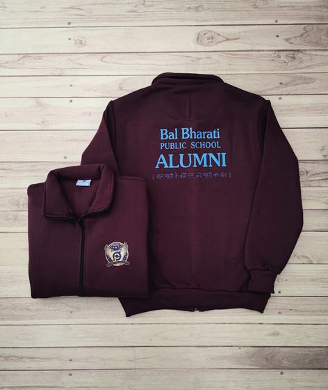 Maroon zip sweat jackets with blue embroidered alumni lettering on back and crest on chest, custom made by RestroCart, New Delhi