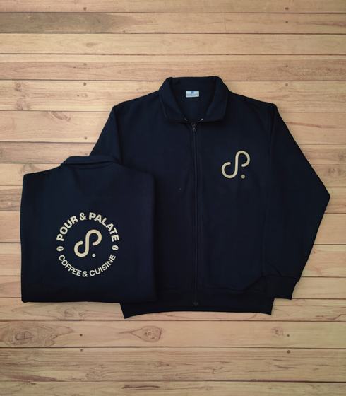 Navy zip sweat jackets with beige printed monogram on chest and circular logo on back, custom made by RestroCart, New Delhi