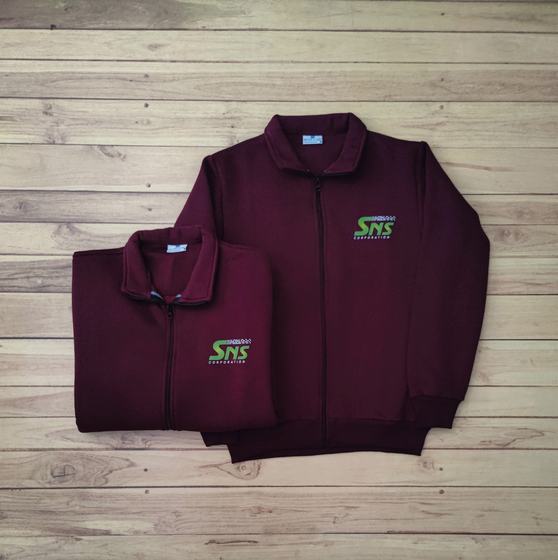 Maroon zip sweat jackets with green and white embroidered logo on the chest, one folded, custom made by RestroCart, New Delhi