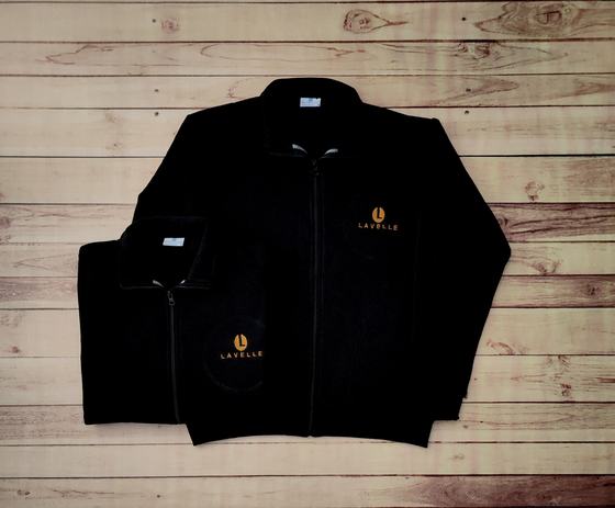 Black full-zip fleece jackets with gold printed logo on chest, full and folded view, custom made by RestroCart, New Delhi