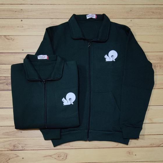 Bottle green fleece zip jackets with collar and white printed squirrel logo, custom made by RestroCart, New Delhi