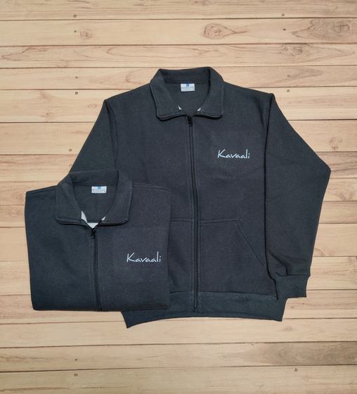 Charcoal collared zip fleece jackets with white embroidered script name on chest, custom made by RestroCart, New Delhi