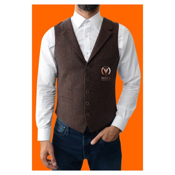 Brown tweed-look waistcoat with notched lapels and an embroidered chest logo, worn over a white shirt, made by RestroCart