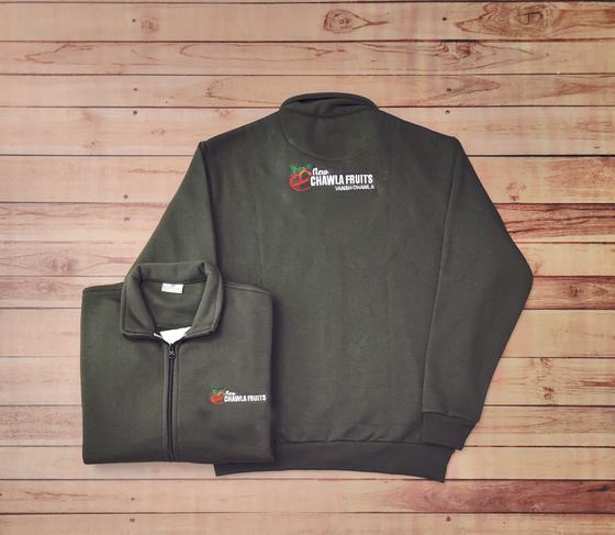 Charcoal fleece zip jackets with red and white printed logo on the back and chest, custom made by RestroCart, New Delhi