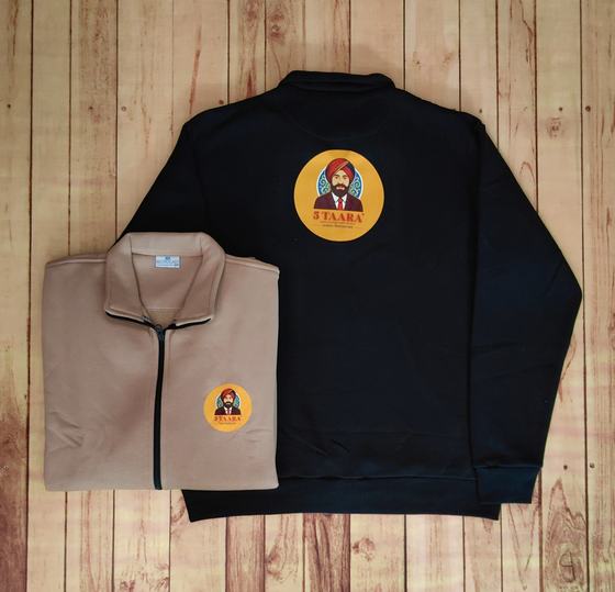 Black and beige fleece zip jackets with round chef portrait print on the back and chest, custom made by RestroCart, New Delhi
