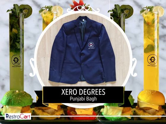 Navy single-breasted blazer with small white embroidered logo on the chest, laid flat, custom made for Xero Degrees by RestroCart, New Delhi