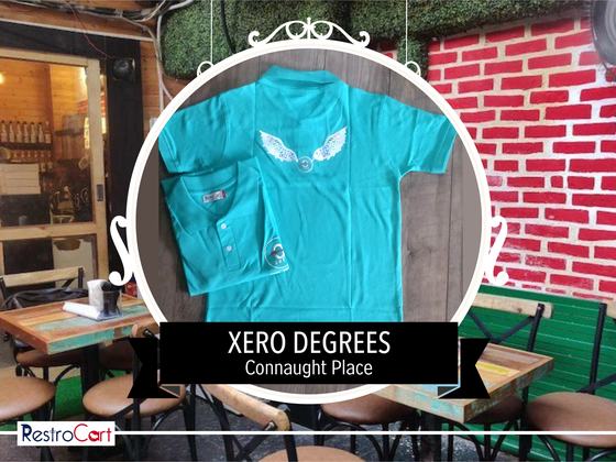 Turquoise polo t-shirts with large white wing print on the back, one folded, custom made for Xero Degrees by RestroCart, New Delhi